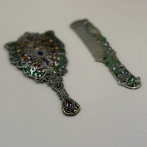 Vintage Style Butterfly Peacock Vanity Mirror & Comb Set Jeweled Enamel - Picture 5 of 5